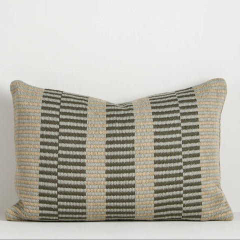 Sol Cushion in Moss with handwoven almond and terracotta offset linear design