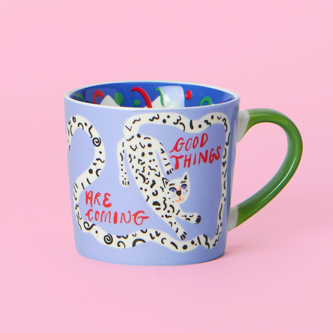 Good Things Are Coming bone china mug with leopard print and green handle