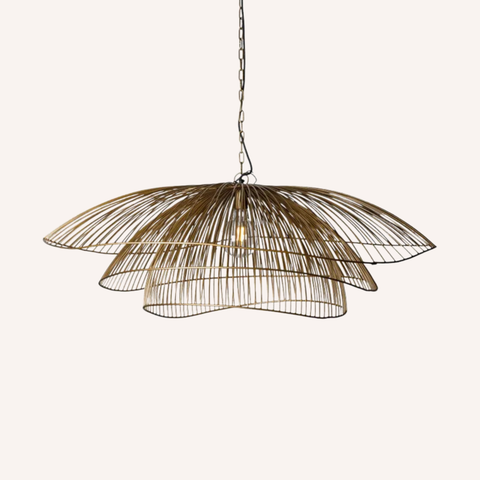 A modern pendant light fixture with a tiered, open metal cage design in a warm bronze finish, suspended from a chain against a solid off-white background.