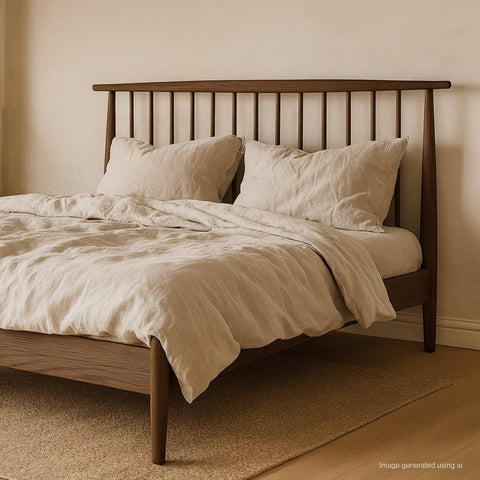 Havenwood bed frame styled in a bedroom with natural linen bedding