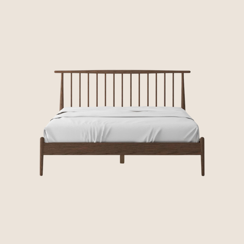 Havenwood solid oak bed frame with slatted headboard in walnut finish, front view