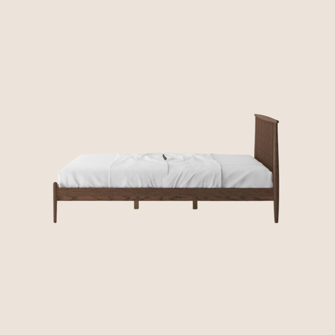 Havenwood solid oak bed frame with slatted headboard in walnut finish, side view