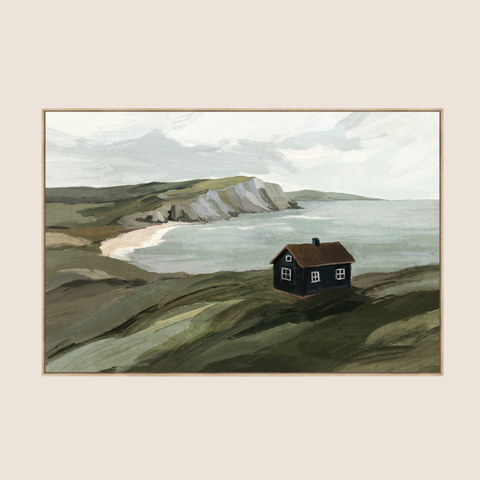 Heath hand-embellished framed coastal canvas in muted tones, 120x80cm, natural veneer frame