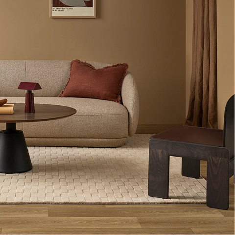 Hugo Almond hand-carved NZ wool checkerboard rug, full view