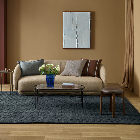 Hugo Midnight hand-carved NZ wool checkerboard rug, full view