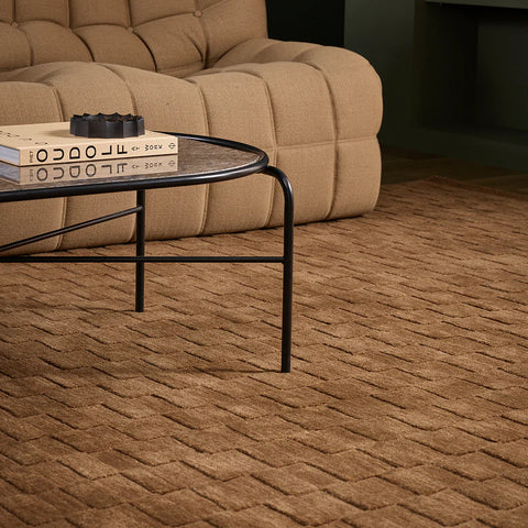 Hugo Toffee hand-carved NZ wool checkerboard rug, full view