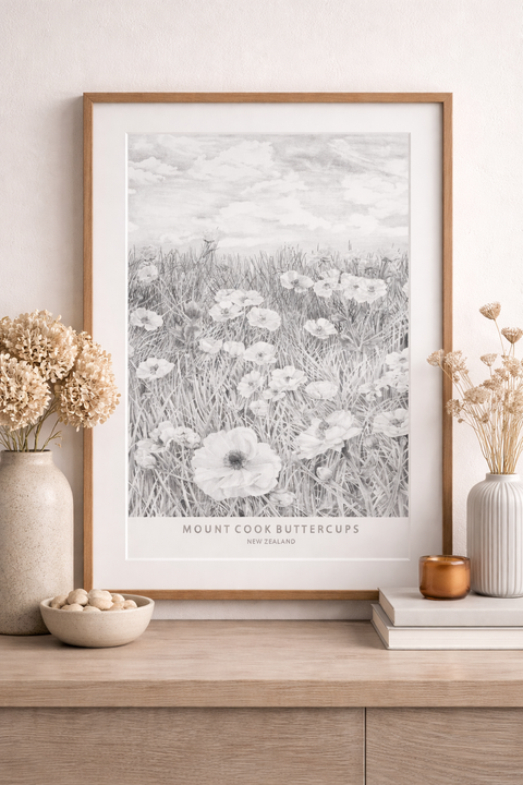 Mt Cook Buttercups B & W Print
