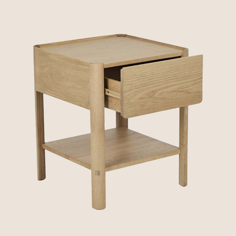 Jesse bedside table side profile showing drawer and open shelf