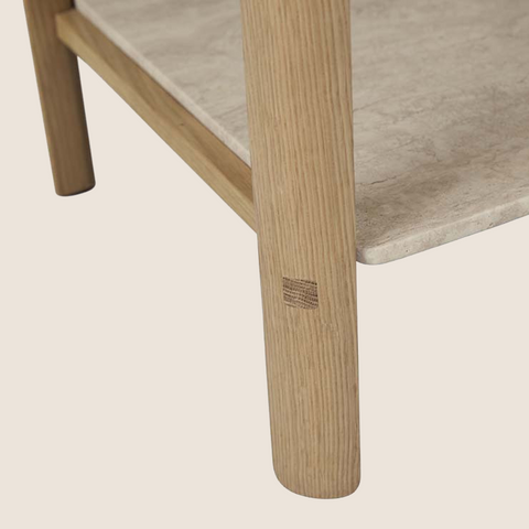 Jesse bedside table travertine shelf leg detail