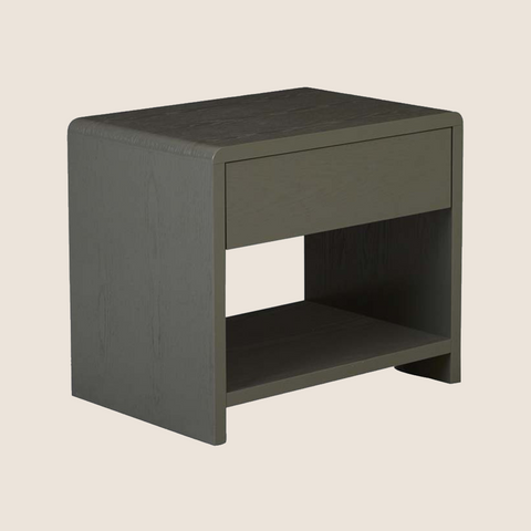 Jocelyn bedside table in snowgum colourway, short configuration, front view