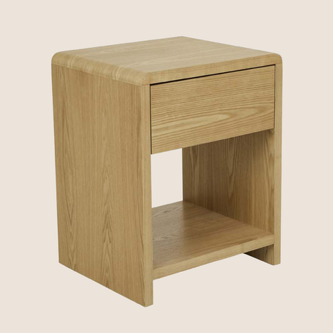 Jocelyn oak veneer bedside table in natural ash, tall configuration, front view