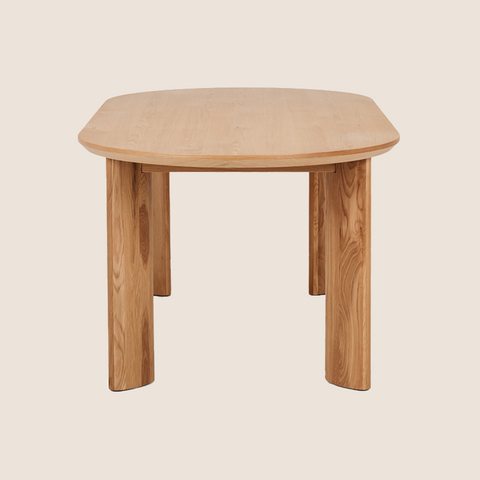 Johnny dining table Standard Top, front view showing disc legs and oak grain