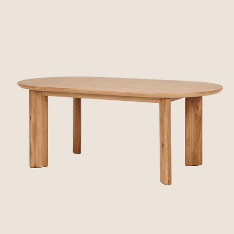 Johnny solid oak dining table with disc-style legs, Standard Top side view