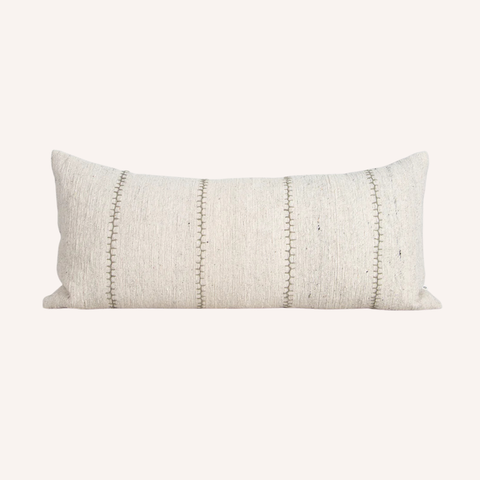 Kalahari Cushion handwoven cotton lumbar with khaki Cretan-stitch detailing