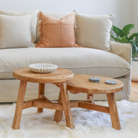 Katrina salvaged elm accent tables grouped as a nesting coffee table set