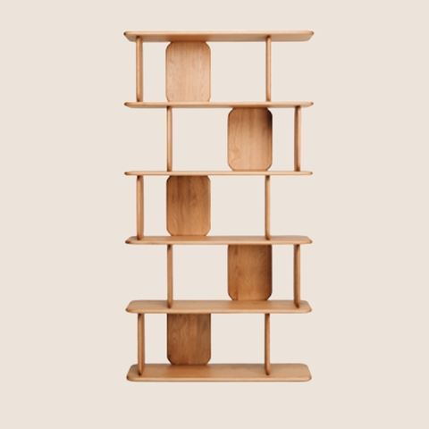 Kensho bookcase front view showing stacked shelf rhythm and honey-toned oak