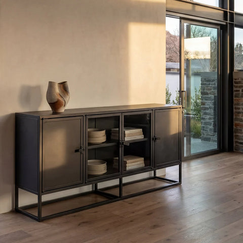 Kingston matte black powder-coated metal sideboard, front view showing solid and glass doors