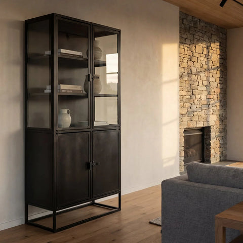 Kingston tall matte black powder-coated metal cabinet with framed glass doors, front view