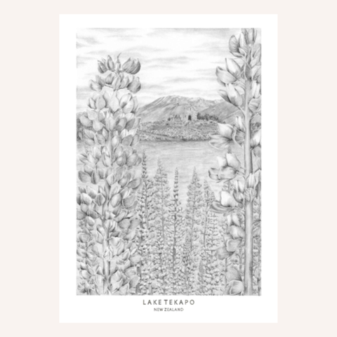 Lake Tekapo B&W A4 print by NZ artist Studio Sillah