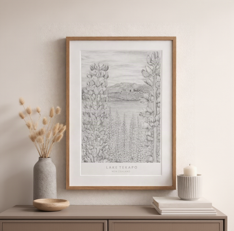 Lake Tekapo black and white art print showing the Church of the Good Shepherd with lupins and mountains