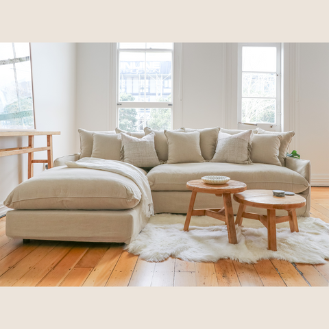 Lazy Days chaise sofa styled in a living room setting, Oatmeal