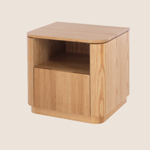 Linden solid oak bedside table with drawer and open shelf, front view