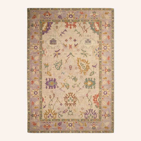 Little Flame Turkish-inspired vintage rug in lilac, clay, and saffron tones, full view