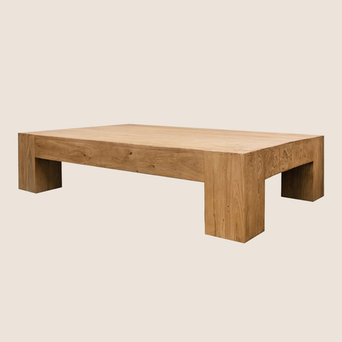 Lodge coffee table side profile showing low 38cm height and elm grain