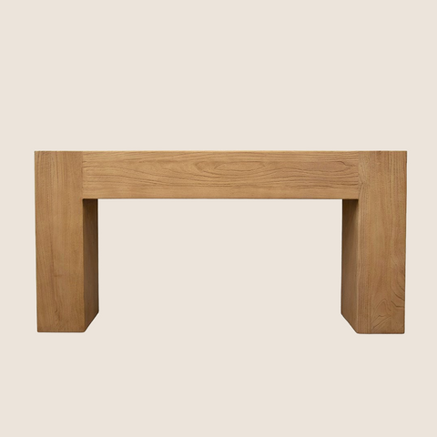 Lodge console table front view showing natural elm grain and slim profile