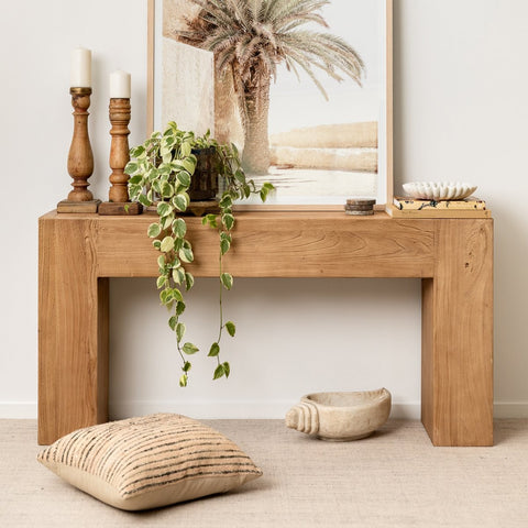 Lodge reclaimed elm console table 152cm, styled in a living room with ceramics