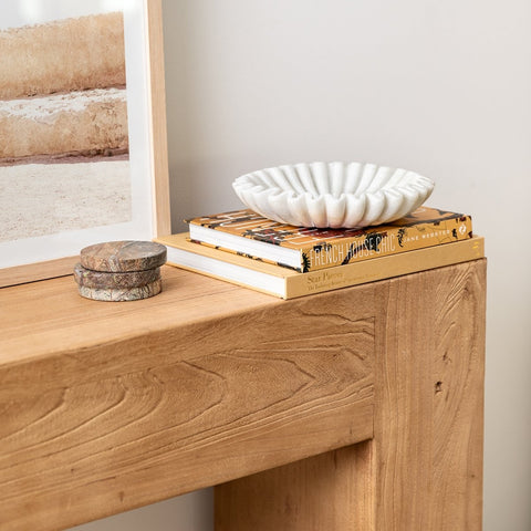 Lodge reclaimed elm console table styled in a hallway setting