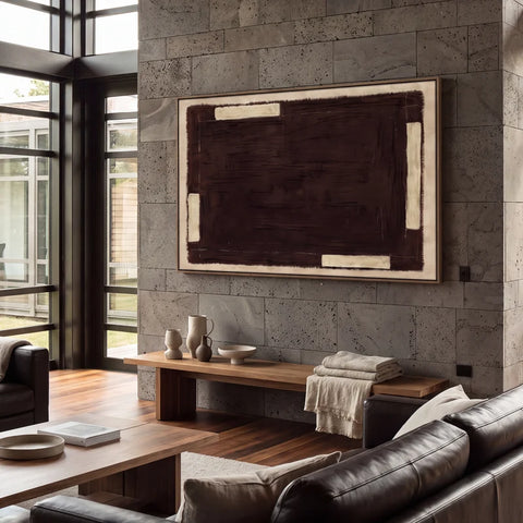 Lyne textured impressionistic framed canvas on linen in chocolate brown and cream, 120x80cm, walnut veneer frame