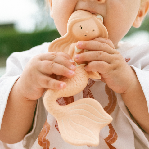 Maeve teether in berry and peach colourways, hand-painted natural rubber