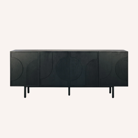 Modern Ritual Sideboard Black, alternate angle showing slender leg base