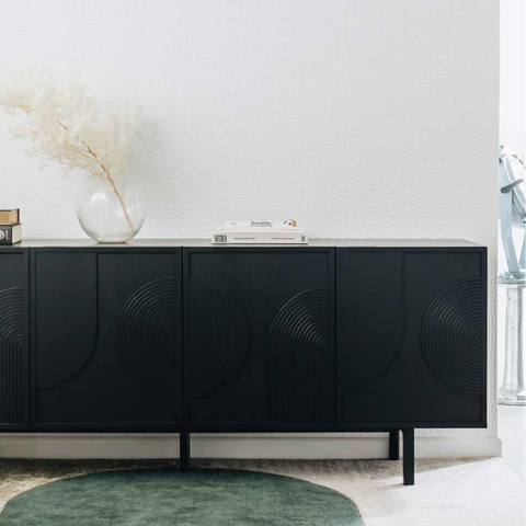 Modern Ritual Sideboard in Black with circular panel doors, front view