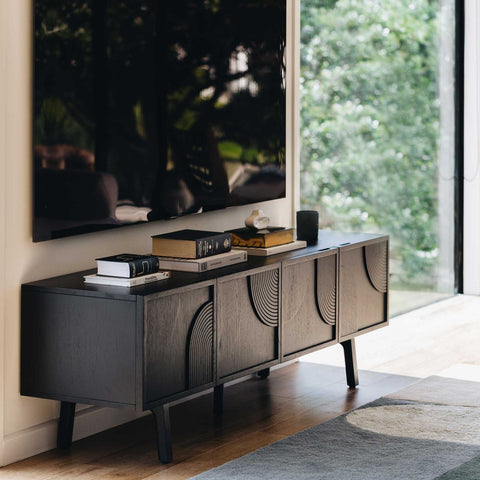 Modern Ritual TV Unit in Black with circular panel doors, front view