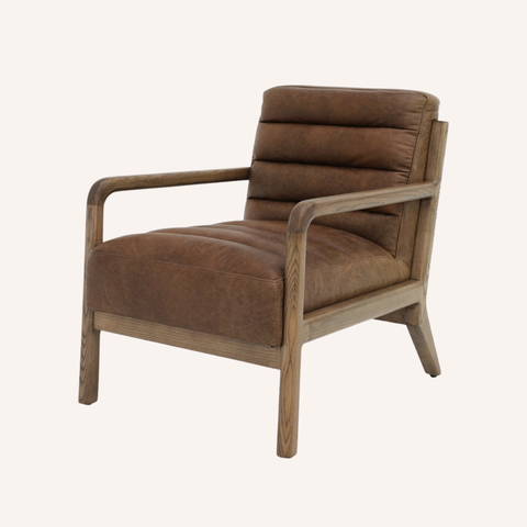 Brown armchair with wooden frame on a white background