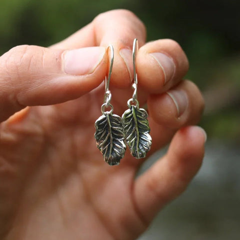 Sterling silver earrings cast from a mountain beech leaf