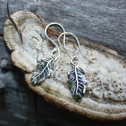 Mountain Beech Leaf Earrings styled on ear
