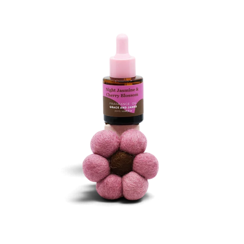 Night Jasmine & Cherry Blossom fragrance dropper bottle with felt flower diffuser