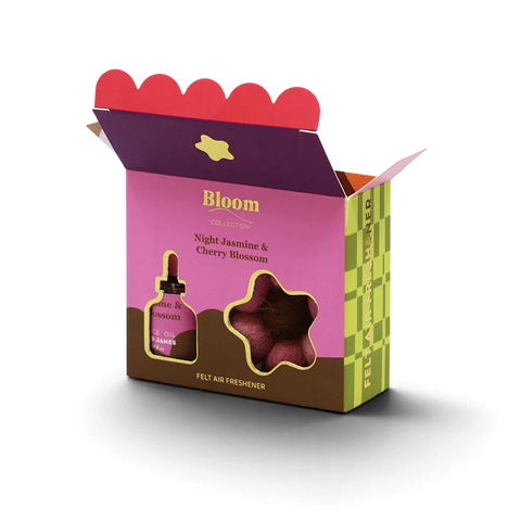 Night Jasmine & Cherry Blossom air freshener gift set with felt flower and box