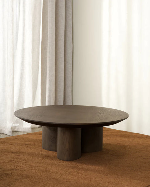 Nova round dark oak veneer coffee table, 100cm diameter, front view