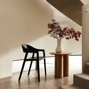 Nova round natural oak veneer side table, 60cm diameter styled