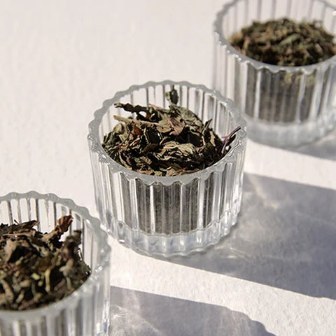 Three clear ribbed glass cups filled with loose dried tea leaves, arranged on a white surface in bright natural light.