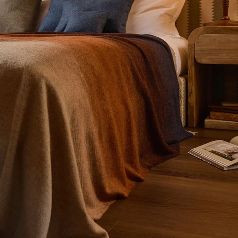 Ombré Stripe Navy & Rust Merino Throw styled in a living room