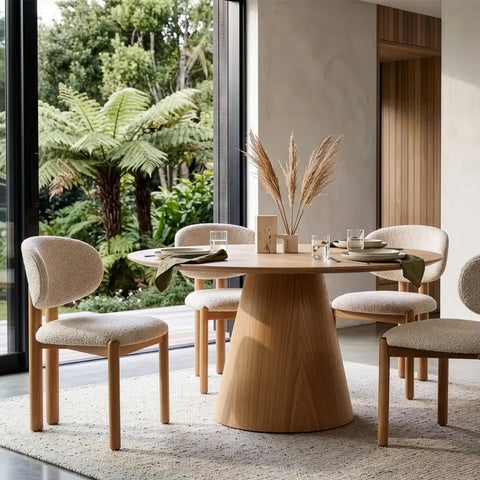 Pello Dining Chair in Beige textured fabric, Natural Ash frame, lifestyle setting
