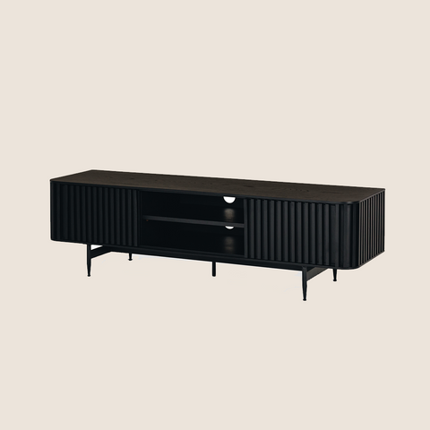 Pete Entertainment Unit Black, side and front angle showing low-profile form