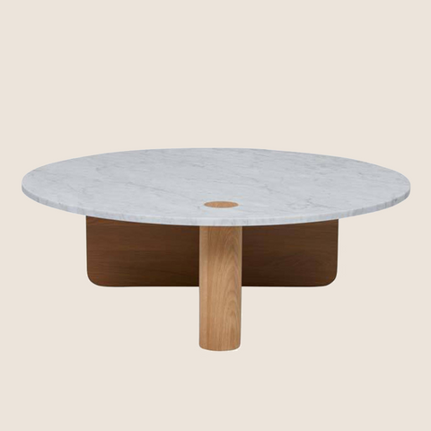 Pivot coffee table in natural oak with marble top, front view