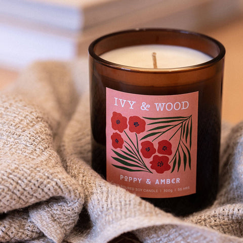 Poppy and Amber Scented Soy Candle packaging