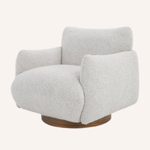 Relli Swivel Chair in textured neutral chenille with timber swivel base, full front view